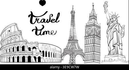 Travel Banner with Landmarks and Travel Time Text Black and White Vector, Tourism Line Art Composition Clipart Design Stock Vector