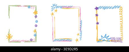 Crayon frame childlike hand drawn border set. Kindergarten chalk texture, doodle scribble box, cute for child childish day. . Vector illustration Stock Vector