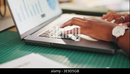 Typing, laptop and hands of business woman in office for seo report, planning and research. Online branding review, digital marketing and startup with Stock Photo