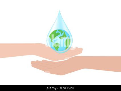 Save Water or Save the World Concept. Hand Holding Drop of Water and World. World Water Day and Environment day. Vector Illustration. Stock Vector