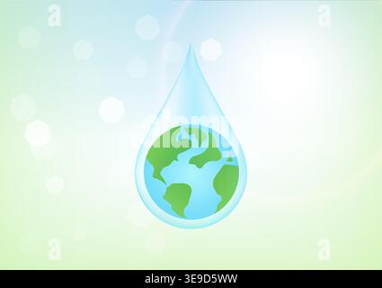 Drop of Water and World. Save Water or Save the World Concept.  World Water Day and Environment day. Vector Illustration. Stock Vector