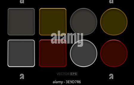 Blank 3D buttons and frames in square and round shapes with metallic and colored borders. Vector illustration Stock Vector