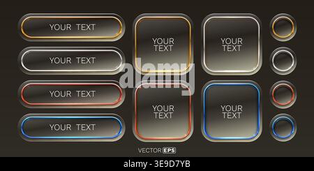 A collection of modern glossy metallic UI buttons and frames with vibrant glowing borders for web design. Vector illustration Stock Vector
