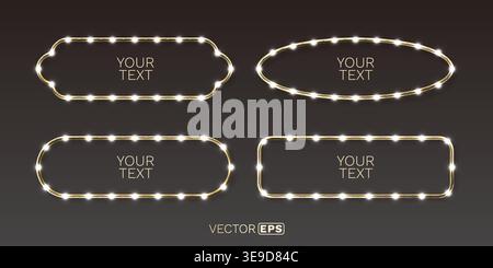 Set of golden illuminated frames with glowing light bulbs on a dark background, perfect for casino or retro signage. Vector illustration. Stock Vector