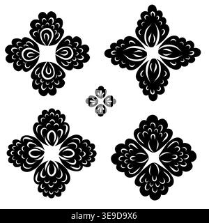 Vector set of black silhouettes of folk art floral mandalas isolated from the background. Collection of decorative floral rosettes. Flowers clip arts Stock Vector
