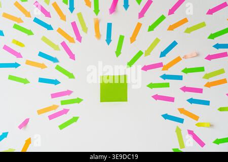 Notes on a bulletin board with many colorful arrows pointing to the task. Stock Photo
