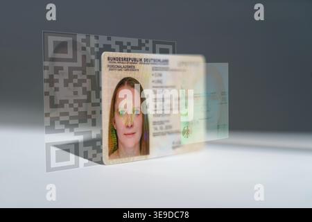 Biometric technology digital face scanning form of a new, modern german ID card and a hand with a magnifying glass looking for fakes or m Stock Photo