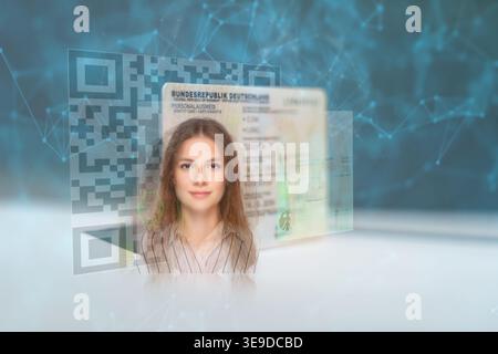 Biometric technology digital face scanning form of a new, modern german ID card and a hand with a magnifying glass looking for fakes or m Stock Photo