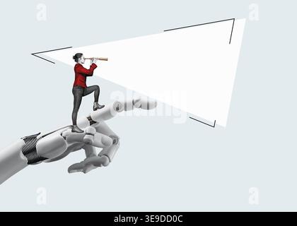 Signpost - a ai robot hand shows the business woman with binoculars where to look. Business analytics and strategic. Find a way. Stock Photo