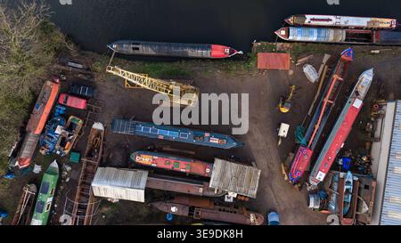 Aerial view of narrowboats and repair yard along Shropshire Union Canal main line in England Stock Photo