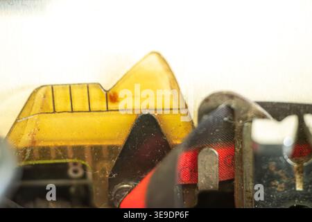 Antique office equipment showing the metal typebars and ink ribbon mechanism Stock Photo