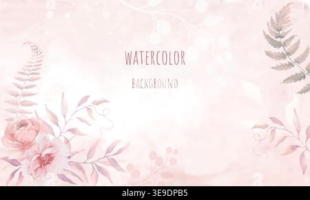 Watercolor floral background with pink peonies, fern leaves and abstract splashes. Hand-painted botanical horizontal backdrop for wedding design. Stock Vector
