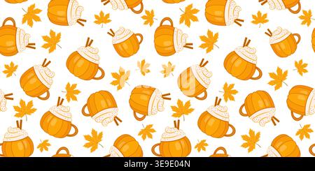 Seamless Autumn hot drink pattern set, hand drawn doodle Pumpkin spice latte.Vector Illustration Stock Vector