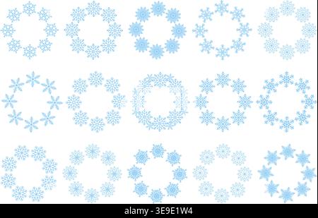 Big set of snowflake wreath frames. Ideal for winter holiday, Christmas, New Year card border, and festive decor. Vector illustration Stock Vector