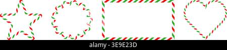 Collection red, green and white candy cane striped geometric outlines, including star, scalloped oval, rectangle and heart.Festive set for Christmas d Stock Vector