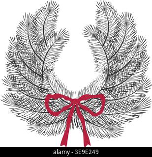 Classic pine wreath with red ribbon bow.  Festive seasonal wreath. Ideal for Christmas decoration and greeting cards Stock Vector
