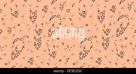 Cute seamless celestial pattern with hand drawn stars, moons, comets  on peach background, whimsical cosmic texture for kids fabric, wrapping paper an Stock Vector