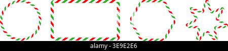 Collection red, green and white candy cane striped geometric outlines, including circle, rounded rectangle, rounded hexagon and star.Festive set for C Stock Vector