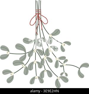 Minimal mistletoe bouquet with green leaves and white berries, tied with red bow. Festive botanical illustration for Christmas, wedding decor, seasona Stock Vector