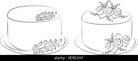 Elegant line art of two decorated cakes on plates. Minimal dessert illustration perfect for coloring pages, pastry logos, bakery branding and recipe b Stock Vector