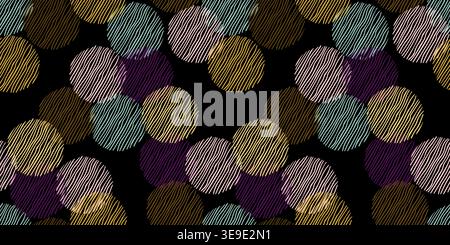 Seamless abstract pattern of overlapping scribble circles with diagonal hand drawn lines on black background, modern geometric texture for fabric, wra Stock Vector