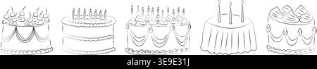 Set of hand drawn birthday cakes. Various decorated celebration desserts with candles and cream perfect for coloring pages, party invitations and bake Stock Vector