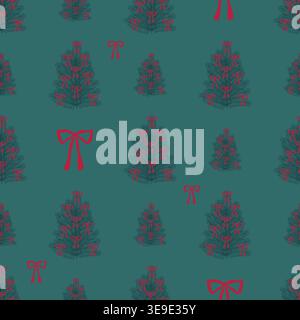 Festive seamless pattern with stylized Christmas trees and red bows on teal background. Perfect for holiday seasonal textiles, gift packaging and chee Stock Vector