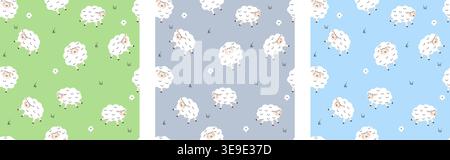 Set of three seamless cute sheep patterns on green, gray and blue backgrounds, adorable lambs jumping in meadow with grass and flowers,perfect for kid Stock Vector