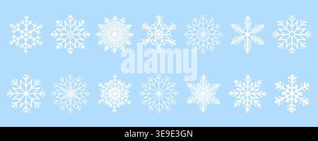 Vector collection of unique, detailed white snowflakes on a light blue background. Ideal for winter, Christmas, New Year, holiday, and frost decoratio Stock Vector