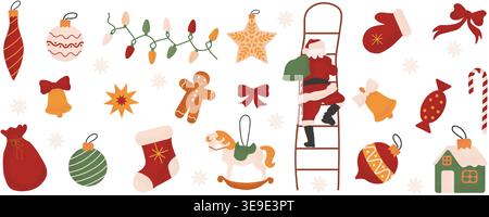 Whimsical Christmas illustration with Santa climbing a ladder, surrounded by festive decorations and winter elements. Perfect for holiday design and s Stock Vector
