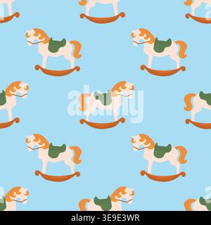 Seamless pattern of cute rocking horses in pastel colors on blue background. Ideal for baby products, nursery decor, kids textiles and playful vintage Stock Vector