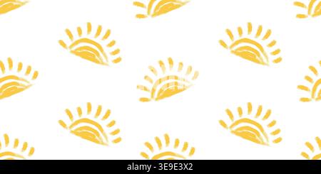 Seamless bright yellow sun pattern with hand painted brush stroke rainbows and rays, cheerful minimalist texture for summer fabric, kids decor and sun Stock Vector