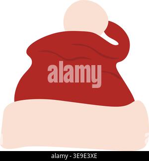 Red Santa hat with fluffy brim and pompom, simple flat Christmas icon. Vector illustration Stock Vector