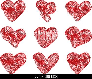 Red textured heart icons in stamped style. Great for Valentine's Day cards, stickers, web graphics, invitations, and romantic themes. Vector illustrat Stock Vector