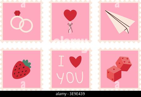 Romantic Valentines day postage stamp set with engagement rings, heart balloon, paper plane, strawberry, I love you text and heart dice on pink backgr Stock Vector