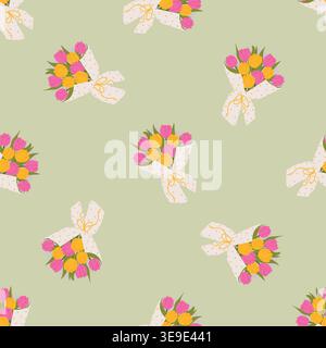 Seamless floral pattern with cute tulip bouquets wrapped in polka dot paper on a soft green background, romantic spring flower design for fabric, gift Stock Vector