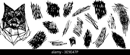 Set of black ink strokes and abstract geometric wolf head. Rough artistic sketches for edgy apparel design, streetwear posters, and gothic graphic ele Stock Vector