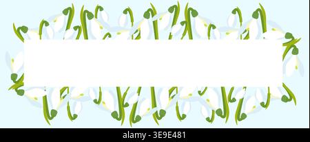 Spring floral frame with delicate white snowdrops forming decorative border around empty white space, elegant nature banner for greeting cards, invita Stock Vector
