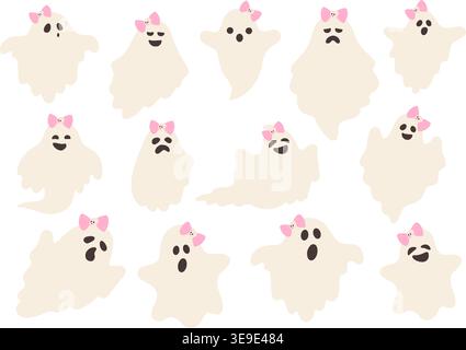 Set of cute cartoon ghosts with pink bows showing different facial expressions. Perfect for Halloween decorations, party invitation and kids designs. Stock Vector