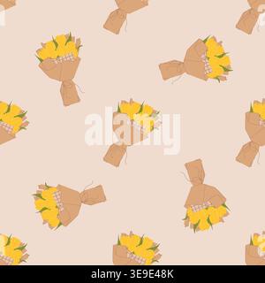 Seamless pattern with yellow tulip bouquets wrapped in kraft paper on soft beige background, cozy spring floral print for fabric, gift wrap, wedding d Stock Vector