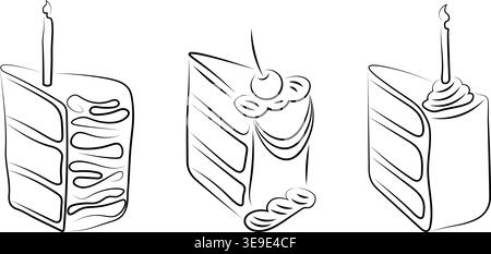Set of hand drawn birthday cake slices with candles and cherry topping. Dessert illustration perfect for coloring pages, party invitations and bakery Stock Vector