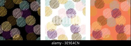 Set of three seamless abstract circle pattern with hand drawn diagonal lines on black, white and coral background, modern geometric textures for fabri Stock Vector