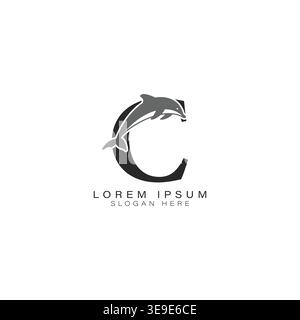 Letter C logo with Dolphin Art. Alphabet C Dolphin Icon Design Stock Vector