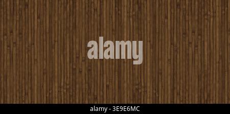 Dark brown wooden surface widescreen texture. Natural bamboo backdrop. Wood slat wall large background Stock Photo