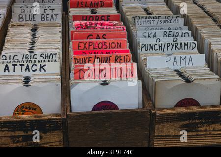A collection of vintage Jamaican music record label dividers in a wooden storage crate, featuring legendary labels such as Trojan, Blue Beat, Island, Stock Photo