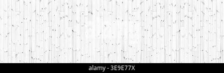 Wide white knotty wood texture. Whitewashed wooden board panorama. Long panoramic light rustic background Stock Photo