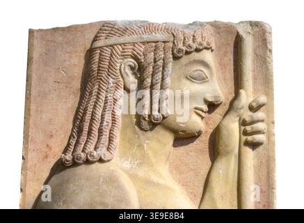 Detail of a Grave Stele, of a warrior, hoplite,  from about 510 BC.   Athens,  with remains of painted decoration. National Archaeological Museum, Ath Stock Photo
