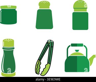 Kitchen Accessories and Spice Container Icon Set with Kettle Tongs and Shakers Stock Vector
