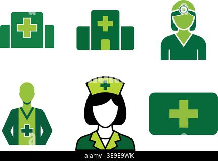 Healthcare Professionals and Medical Facility Icon Set Featuring Doctors Nurses and Hospital Stock Vector