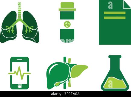 Medical and Healthcare Science Vector Icon Set Featuring Human Lungs Liver and Laboratory Equipment Stock Vector